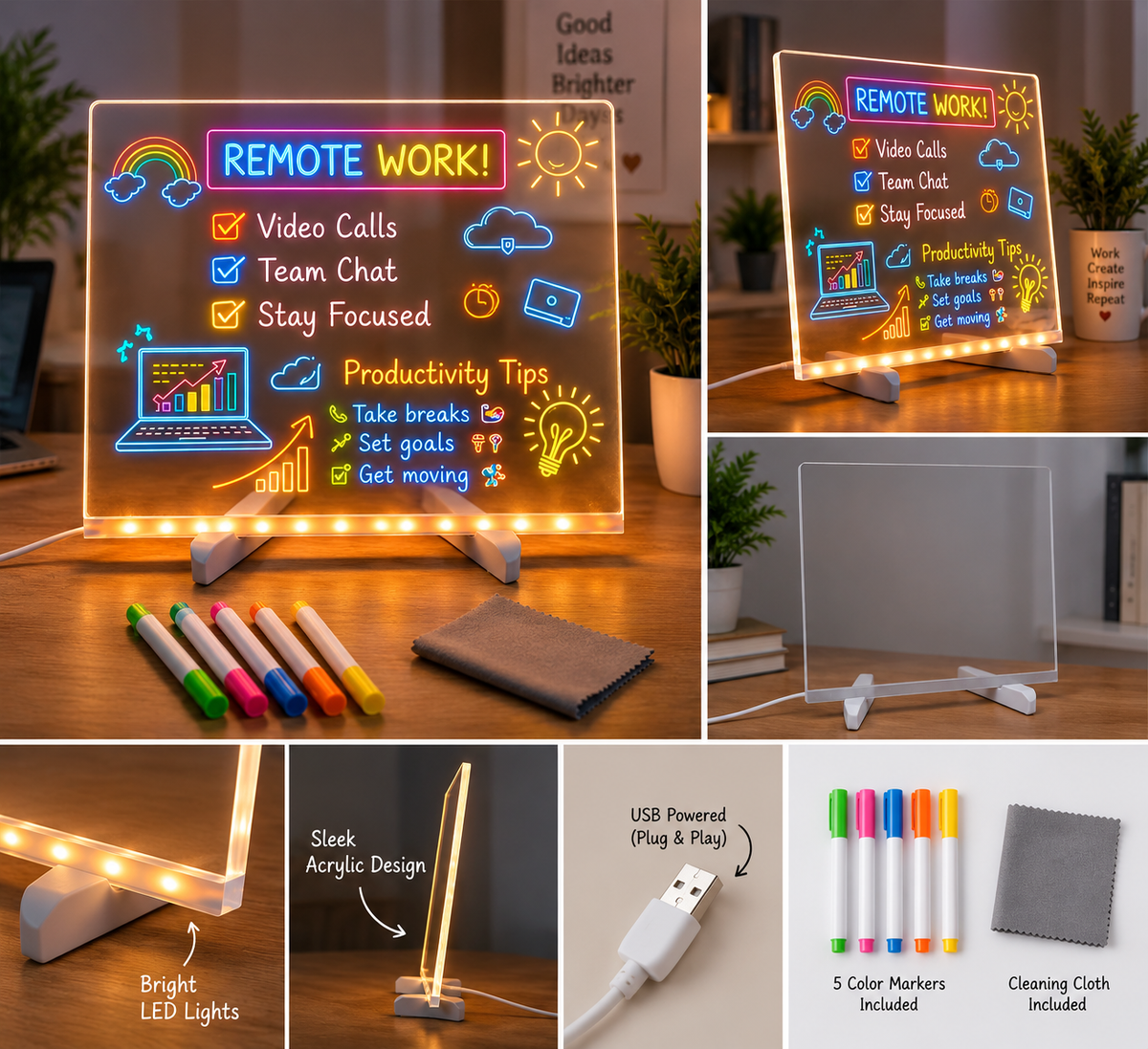 Remote Work LED Acrylic Message Board – Productivity Desk Light